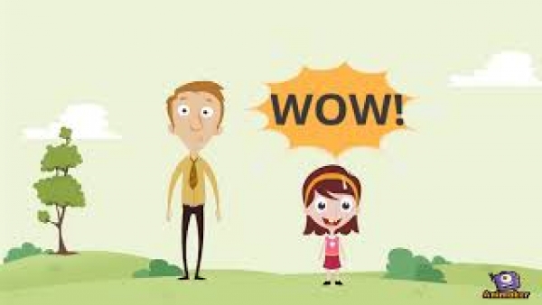 A man and a girl are side by side outdoors. Above the girl's head is a speech bubble that says "WOW!"